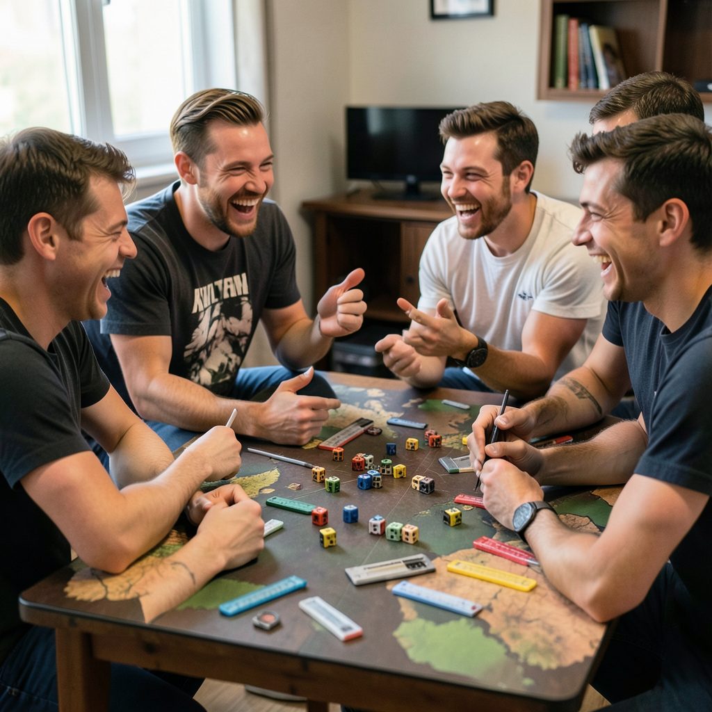 Players laughing and chatting around a Kill Team table, dice and measuring tools scattered across the mat in warm ambient light.