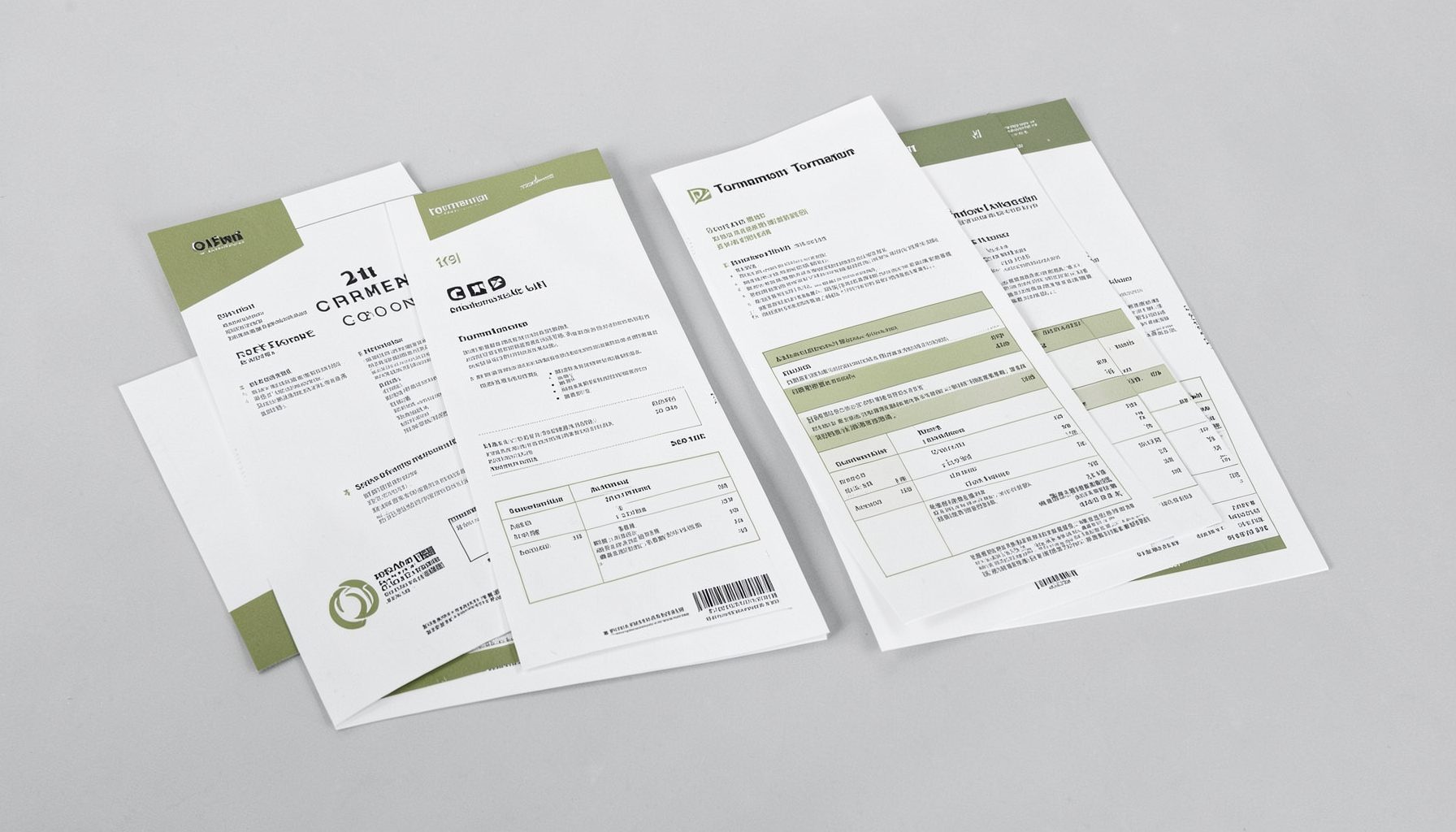 A clean flat-lay of printed tournament packets and data sheets on a light grey surface, with subtle olive green accents