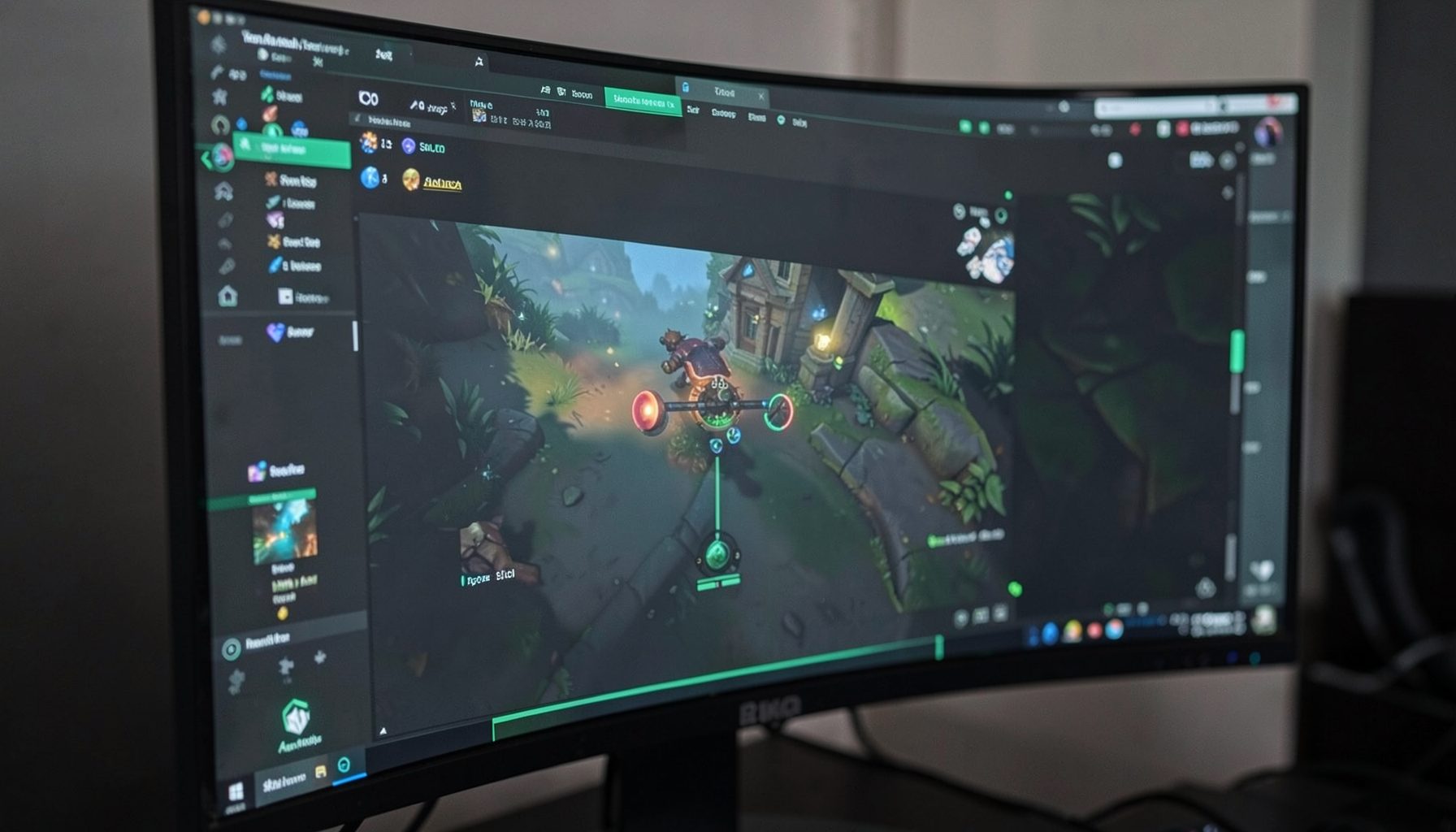 A close-up of a gaming monitor displaying a streaming interface with gameplay overlay, in dark charcoal and green accents