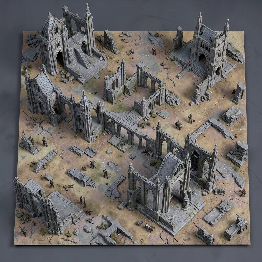 A detailed terrain board with ruined gothic architecture in muted greys and browns.