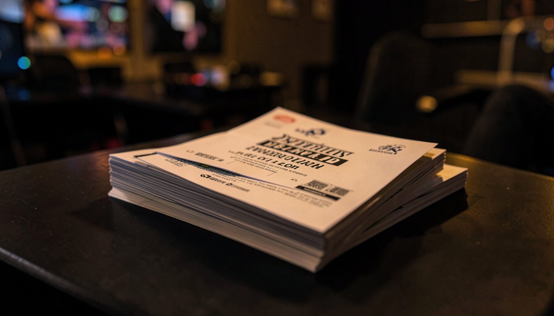 Stack of printed tournament packets on a dark tabletop, warm amber and charcoal tones, moody gaming-room atmosphere