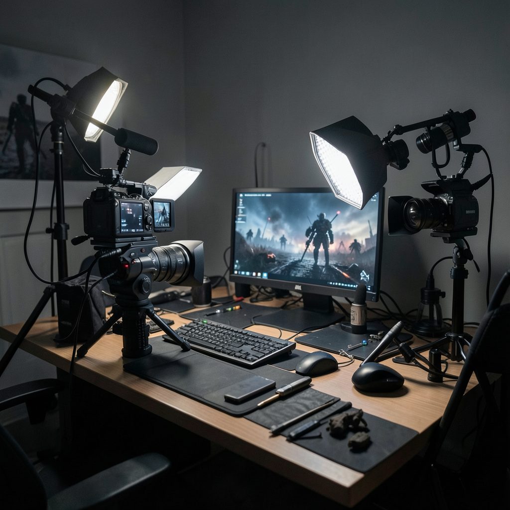 A behind-the-scenes view of streaming equipment — cameras, lights, and a monitor — arranged around a Kill Team table in a dark room