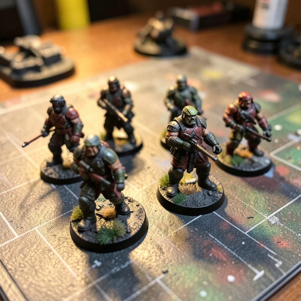 Painted Kill Team miniatures on a textured battle mat under warm overhead lighting.
