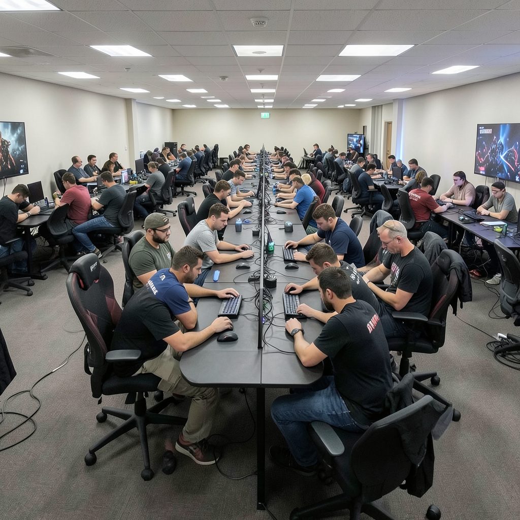 A wide shot of a gaming hall with rows of tables set up for a Kill Team event, players gathered around each table under warm overhead lighting