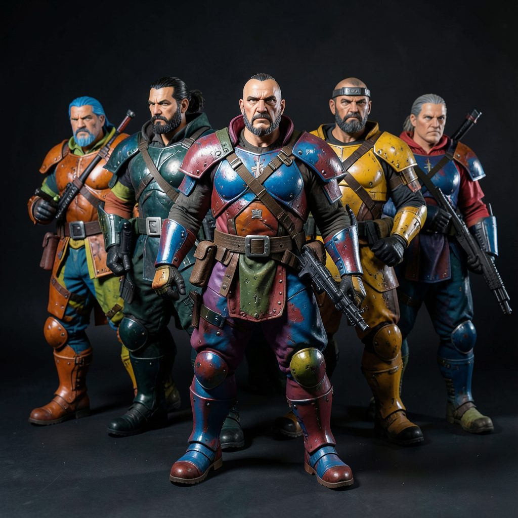 A cluster of painted Kill Team operatives in vibrant faction colors on a dark background, lit dramatically.
